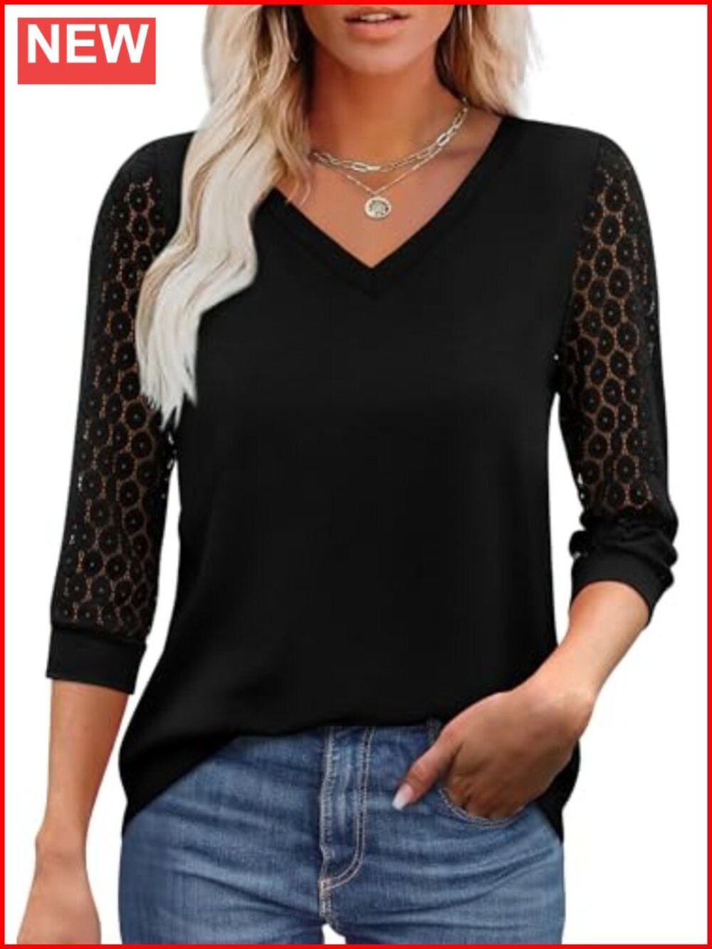 3/4 Sleeve V-Neck Lace Tunic Top Business Casual Blouse
